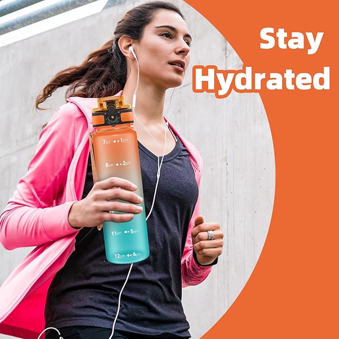 OLDLEY 32 oz Water Bottle, Motivational Water Bottle with Time Marker, Sports Water Bottle With Strap, Leakproof & BPA Free Large Water Bottles for School, Gym, Travel, Outdoor, Tritan,Orange&Green-Ruum Studio Home