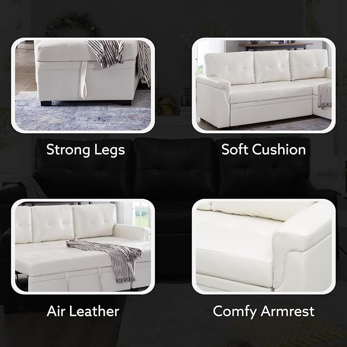 Naomi Home Transform Any Space: Sleeper Sectional Sofa with Convertible Sofa Bed & Inviting Chaise. Find Tranquil Comfort with Stress-Relieving Design & Durable Cushions - White/Air Leather-Ruum Studio Home