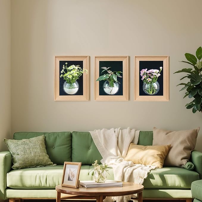 Natural Wooden Frame Wall Hanging Planter for Hydroponic Plants, 12'' x16''inch Wall Vase with Round Acrylic Propagation Station，Bathroom, Office, or Living Room Décor, Set of 3-Ruum Studio Home
