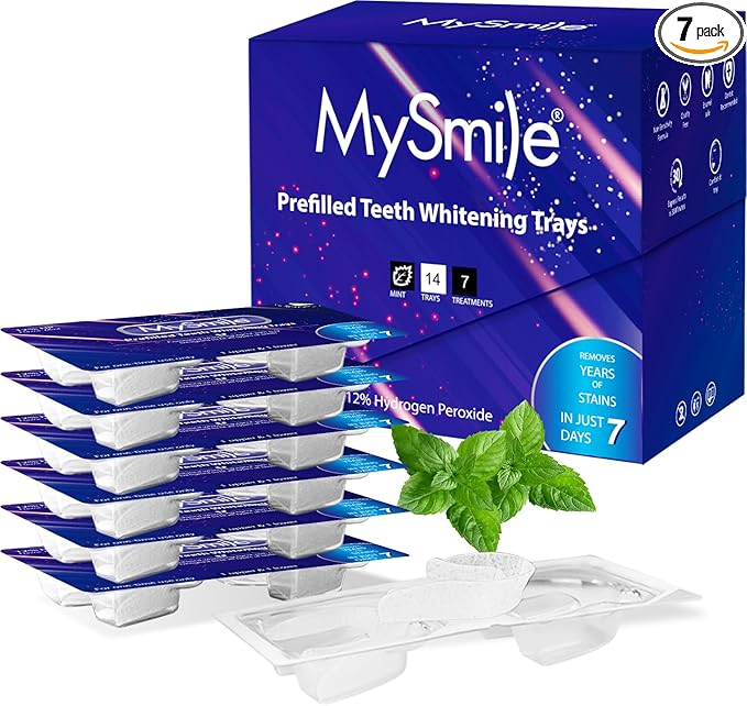 MySmile 7 Treatments Prefilled Teeth Whitening Trays Kit with 12% Hydrogen Peroxide Whiter Gel for Sensitive Tooth, Fast-Result Vegan Teeth Whitener Tooth Stain Remover, Mint Flavor-Ruum Studio Home