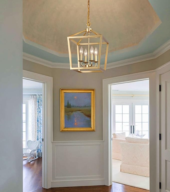 AMZASA Gold Lantern Chandelier Hanging Pendant Light Fixture 4-Lights for Kitchen Island Dining Room Hallway Entryway Foyer UL Listed-Ruum Studio Home