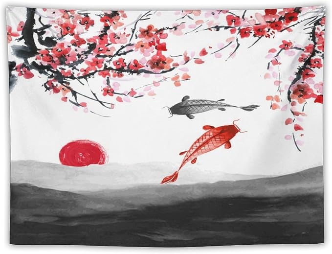Houselerax Japanese Koi Fish Tapestries, Cherry Blossoms Asian Oriental Flower Branch Koi Fish Carp Tapestry Wall Hanging for Bedroom Living Room Office Decor 80"x60"-Ruum Studio Home
