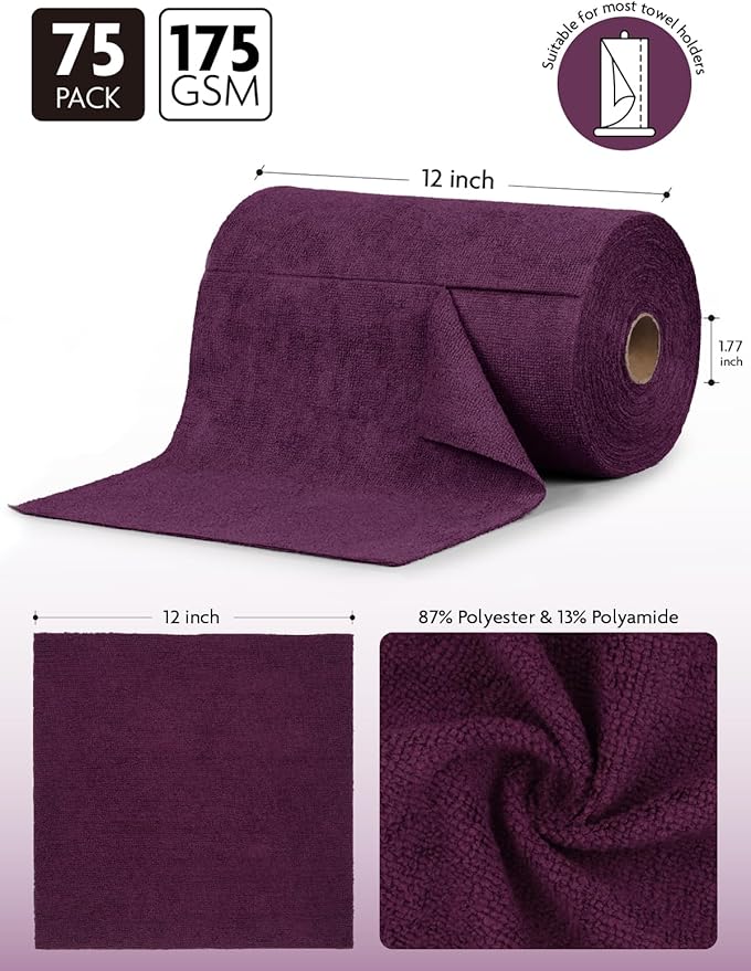 Fantasticlean Microfiber Cleaning Cloth Roll -75 Pack, Tear Away Microfiber Towels, 12" x 12", Reusable, Washable, Scratch Free, Ultra Absorbent Dish Rags for Car, Home, Garage or Shop (Dark Purple)-Ruum Studio Home