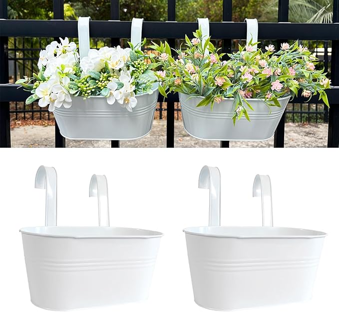 10" Hanging Flower Pots, Pack of 2 White Metal Outdoor Patio Balcony Planter, Railing Planters Fence Pot with Detachable Hook & Drainage Hole for Small Plants (White, 2Pcs)-Ruum Studio Home