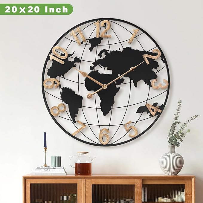 20 Inch Large Wall Clock for Living Room Decor,Big Modern Decorative Silent Metal World Map Wall Clock with Vintage Gold Arabic Numeral for Office,Living Room,Kitchen,Dining Room-Ruum Studio Home
