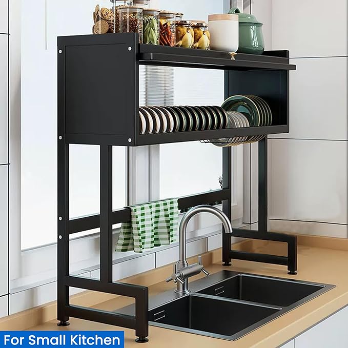 Dish Drying Rack, 3-Tier Over Sink Dish Drying Rack, 33.5" Over Sink Dish Rack for Small Kitchen, Space-Saving Dish Rack with Cover, Baskets, Utensil, Large Sink Storage Organizer Black-Ruum Studio Home