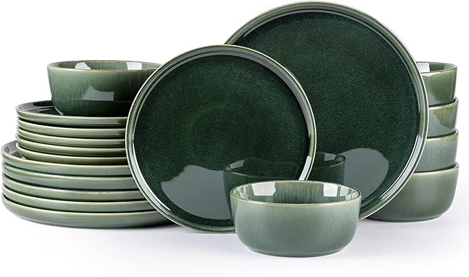 GBHOME Ceramic Dinnerware Sets for 6, 18 Pieces Stoneware Plates and Bowls Sets, Reactive Glaze Dishes -Scratch Resistant, Dishwasher&Microwave Safe, Earth Green-Ruum Studio Home