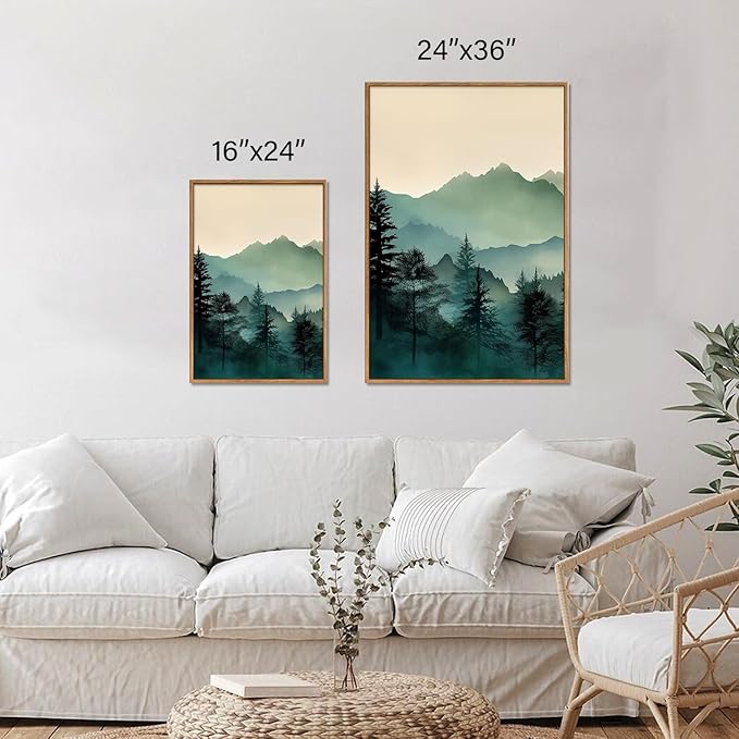 SIGNINART Large Mountain Framed Canvas Wall Art Set, Abstract Misty Forest Wall Decor, Foggy Nature Pine Tree Wall Painting, Modern Boho Sunrise Art Prints for Bedroom Living Room and Office 24"x36"x3-Ruum Studio Home
