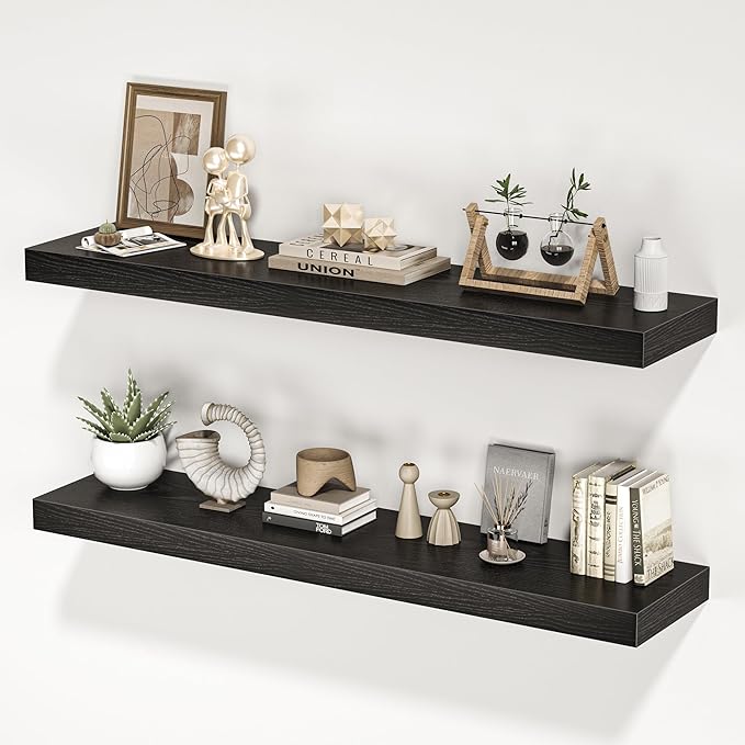 Floating Shelves for Wall, 40" W x 8" D x 1.5" H, Wooden Wall Mounted Display Shelves with Invisible Brackets for Living Room, Bedroom, Bathroom, Kitchen Decor and Storage, Set of 2, Black-Ruum Studio Home