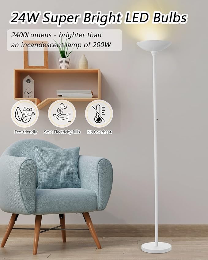 BoostArea Torchiere Floor Lamp, 30W Super Bright LED Standing Lamp, 3000K Stepless Dimmable Pole Lamp with Rotary Switch, 70 Inch Tall Metal Modern White Floor lamp for Living Room/Bedroom/Office/Den-Ruum Studio Home