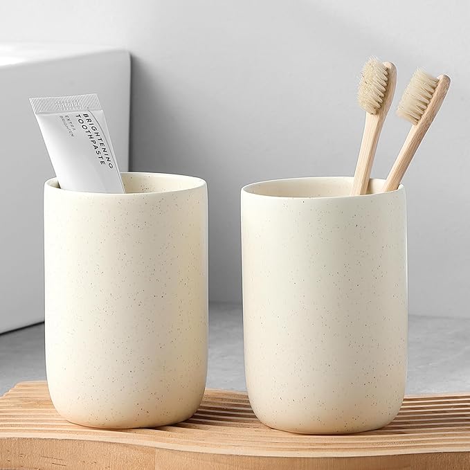 Beige Toothbrush Holders for Bathrooms - 2 Cups Ceramic Toothbrush Toothpaste Holders Set, Beige Bathroom Tumbler Cups Reusable Toothbrush Mouthwash Cup, Bathroom Counter Organizer-Ruum Studio Home