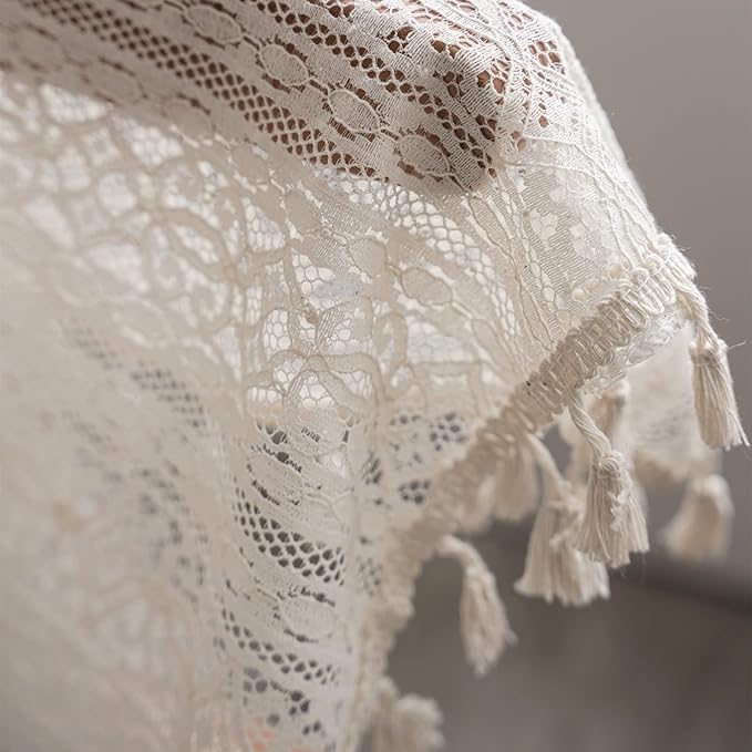 Sutuo Home Boho Curtain Crochet Lace Semi-Sheer Florals Hollow Knitted Handmade Tassels, Rod Pocket Window Treatment Vintage Rustic Farmhouse Drapes for Living Bedroom, 1 Panel 59" W x 96" L, Beige-Ruum Studio Home