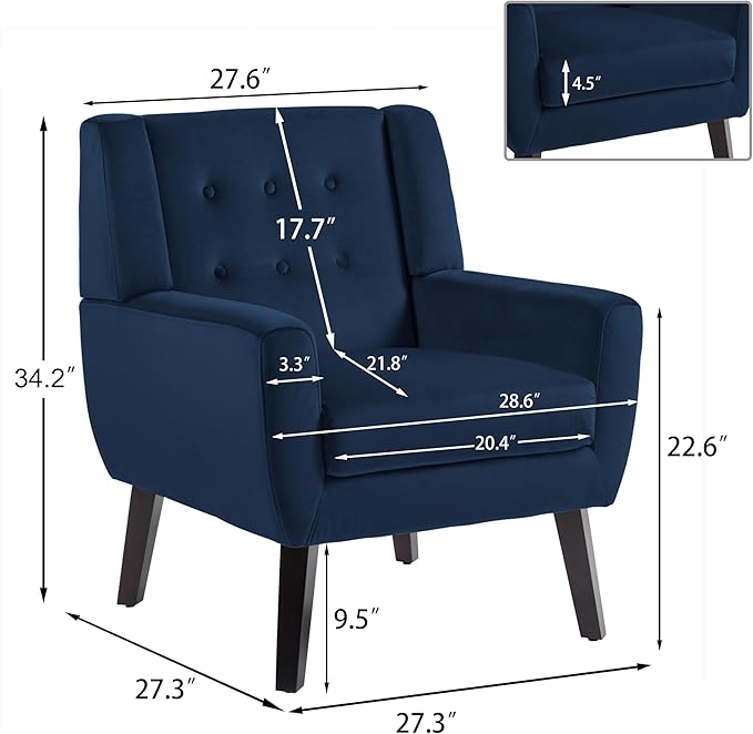 UIXE Accent Chair, Velvet Upholstered Armchair for Living Room, Modern Club Arm Chairs Comfy Single Sofa Button Tufted Bedroom Reading Seat - Royal Blue, Set of 1-Ruum Studio Home