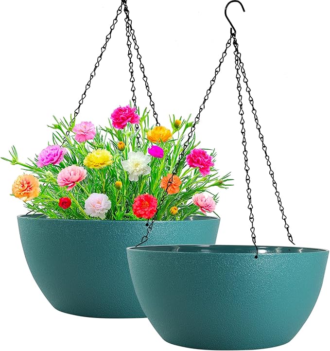 WOUSIWER 13 inch 2 Pack Large Hanging Planters for Indoor Outdoor Plants with Drainage Holes and Chain, Round Hanging Flower Pots for Garden Home Porch Decor, Myrtle Green-Ruum Studio Home