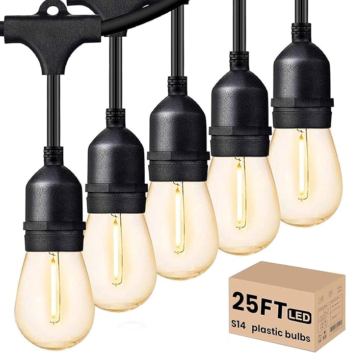 Svater Outdoor Led String Lights 25 FT, Patio Lights for Outside with 9pcs S14 Shatterproof Bulbs, 1 Watt E26 Dimmable, IP65 Waterproof, Commercial Grade Bistro Light 2700K Warm White-Ruum Studio Home