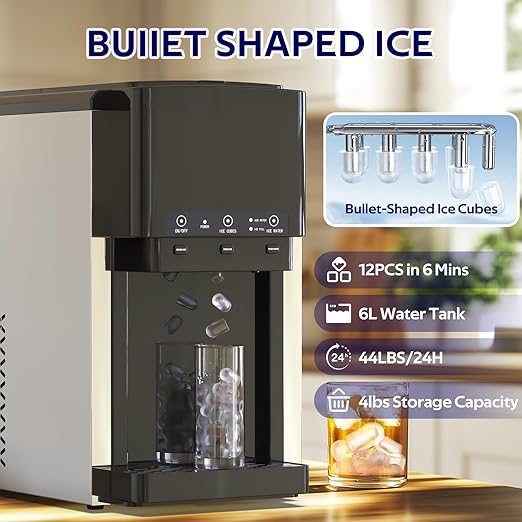 3 in 1 Water Dispenser with Ice Maker, Nugget Ice Maker Countertop, Bullet Ice, Crushed Ice, Water Cooler, 44Lbs/24H, 12 Ice Cube/6Min, Self-Cleaning, 4Lbs Ice Storage, Home, Kitchen, Party, RV-Ruum Studio Home