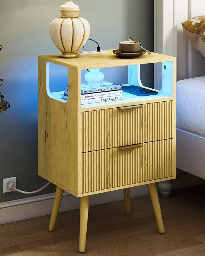 Nightstand with Charging Station and LED Lights,Modern Bedside Table with 2 Storage Drawer and Open Wood Shelf, for Bedroom and Small Spaces,Night Stand with Solid Wood Legs (Yellow Oak)-Ruum Studio Home