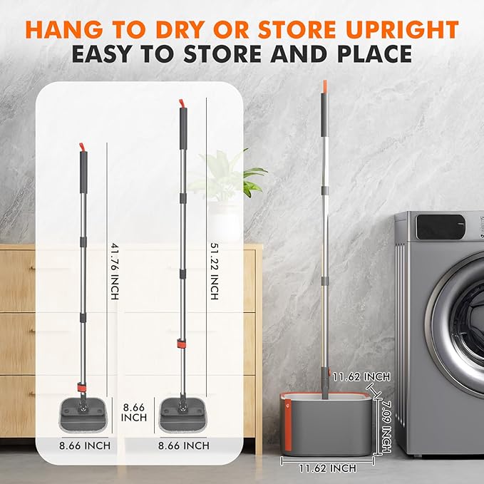 Upgraded Spin Mop and Bucket Self-Standing Mop Bucket Separate Dirty and Clean Water System Self Wringing 360° Rotating Clean Mop and Bucket Set (Drak Gray, 14Pads Mop and Bucket Set)-Ruum Studio Home