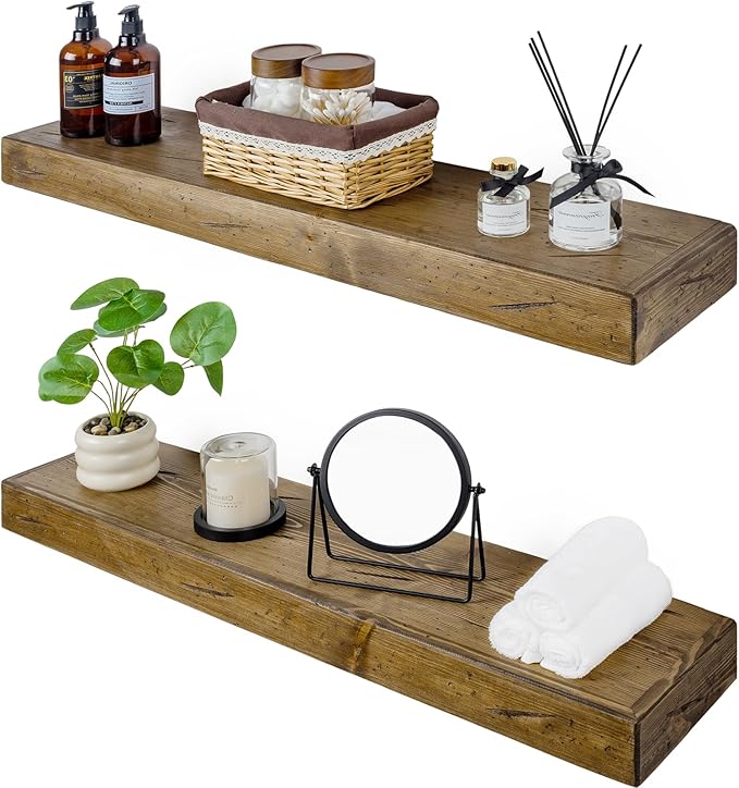 Floating Shelves 3 inch Thick for Wall Set of 2,Solid Pine Wood Wall Mount Shelf for Kitchen Living Room Bedroom Bathroom,8" D x 36" L x 3" H-Distressed Black Walnut-Ruum Studio Home