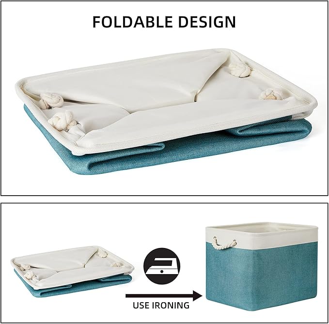 Bidtakay Foldable Storage Bins Set of 2 Tall Cloth Baskets 16" X 11.8" X 11.8" Decorative Organizers for Linen Closet (White & Teal)-Ruum Studio Home