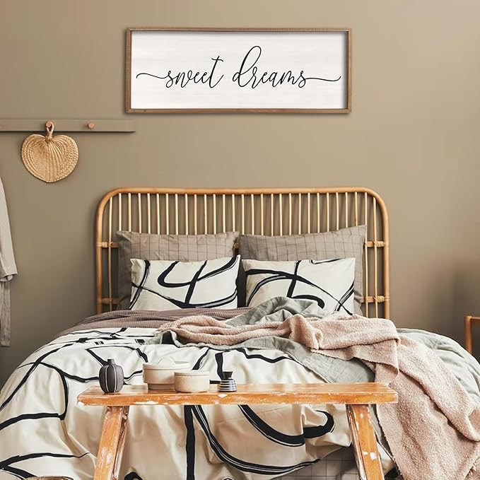 Sweet Dreams Wall Decor Above Bed 40''×15'' Master Bedroom Large Sweet Dreams Sign Farmhouse Wall Decor Guest Room Wood Rustic Framed Over Bed Wall Art Hanging Decoration (Wood White)-Ruum Studio Home