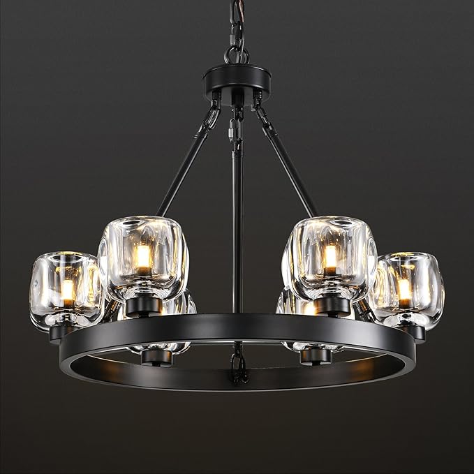 Black Wagon Wheel Chandelier, 24 Inch Black Chandeliers with Unique Glass Shade, 6-Light Crystal Farmhouse Wagon Wheel Chandeliers for Dining Room, Round Chandelier for Living Room, Foyer, Entryway-Ruum Studio Home