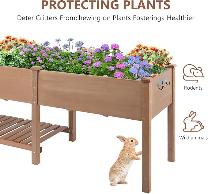 Raised Garden Bed with Legs Outdoor,Elevated Garden Box,Storage Shelf, Protective Liner for Backyard,Patio,Balcony,80x23x30in (Brown)-Ruum Studio Home
