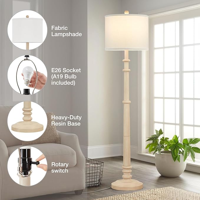 Floor Lamps for Living Room - 60" Resin Farmhouse Floor Lamp with 3 Color Temperatures - Vintage Standing Lamp Reading Light with Linen Shade Rustic Tall Lamp for Bedroom Office, Oatmeal Wash-Ruum Studio Home