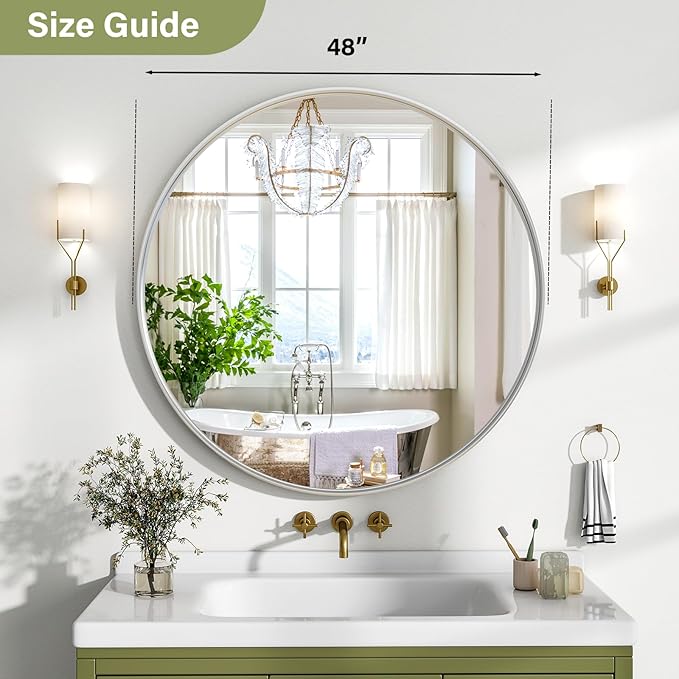48 Inch Round Bathroom Mirror - Wall Mounted Circle Mirror with Metal Frame, Modern Mirror Suitable for Bathroom, Vanity, Entryway, Living Room, Wall Decor,Silver-Ruum Studio Home