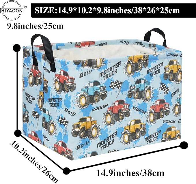 HIYAGON Rectangular Monster Truck Basket for Kids Baby Basket for Boys and Girls Cute Toy Storage Organizer Bin Box Truck Room Decor(Monster Truck)-Ruum Studio Home