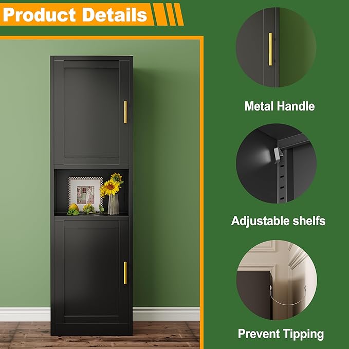 Tall Narrow Storage Cabinet 66.93" H Tall Bathroom Cabinet Metal Pantry Cabinets, 4 Adjustable Shelves for Kitchen, Home Office, Living Room, Dinning Room (16 inches Wide Black)-Ruum Studio Home