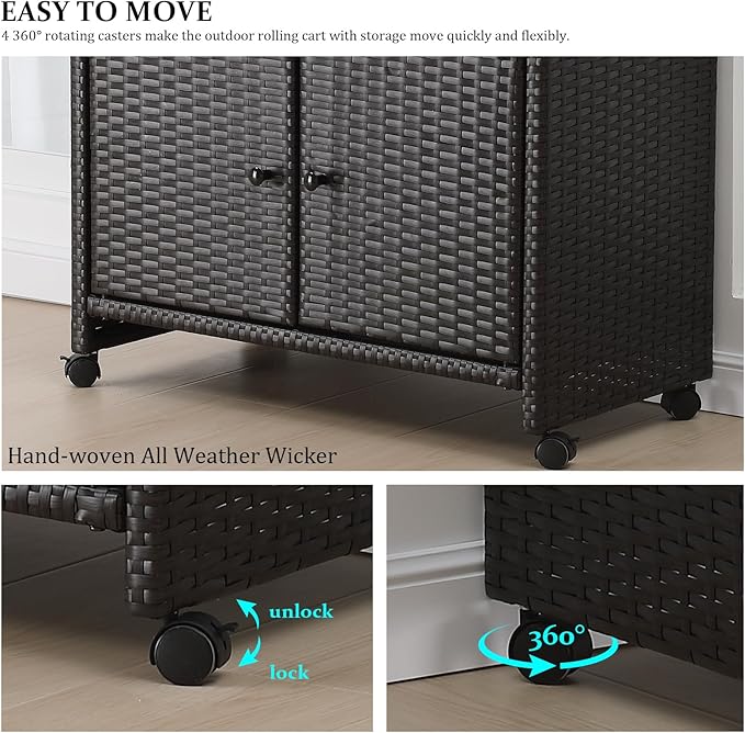 Outdoor Wicker Storage Cabinet - Patio Bar Table with Wheel,Outdoor Buffet Cabinet Movable,Garden Weather-Proof Bar Table/Cart for Indoor&Outdoor (Dark Brown)-Ruum Studio Home