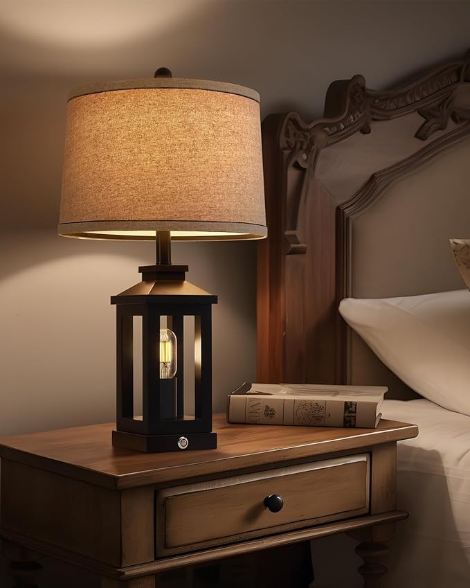 23.75" Retro Farmhouse Black Table Lamp for Living Room Bedroom Nightstand Single Pack Touch Control Bedside Nightlight Vintage Modern Lamp with USB C+A Ports and 2 Light Sources-Ruum Studio Home