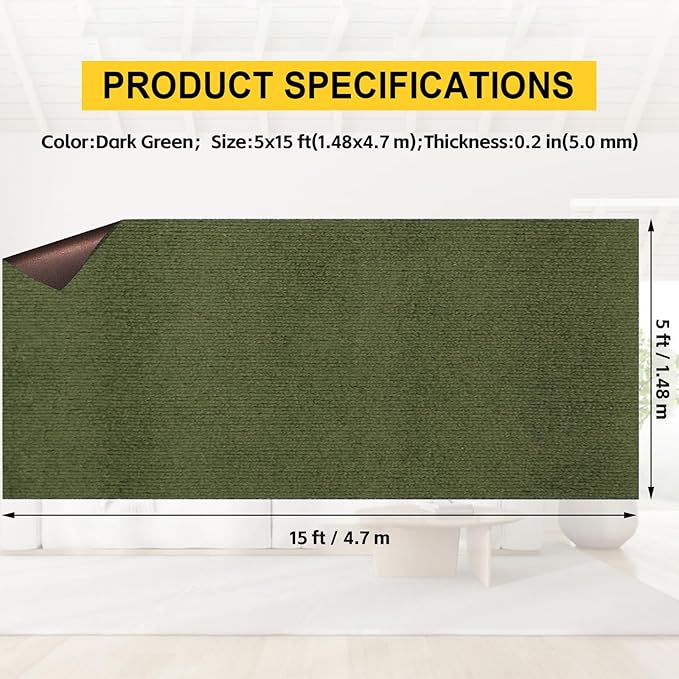 Marine Carpet,5 FT x 15 FT Olive Green Indoor Outdoor Carpet 0.2" Thick with Water-Proof TPE Backing, Non-Slide for Home, Patio, Porch, Deck-Ruum Studio Home