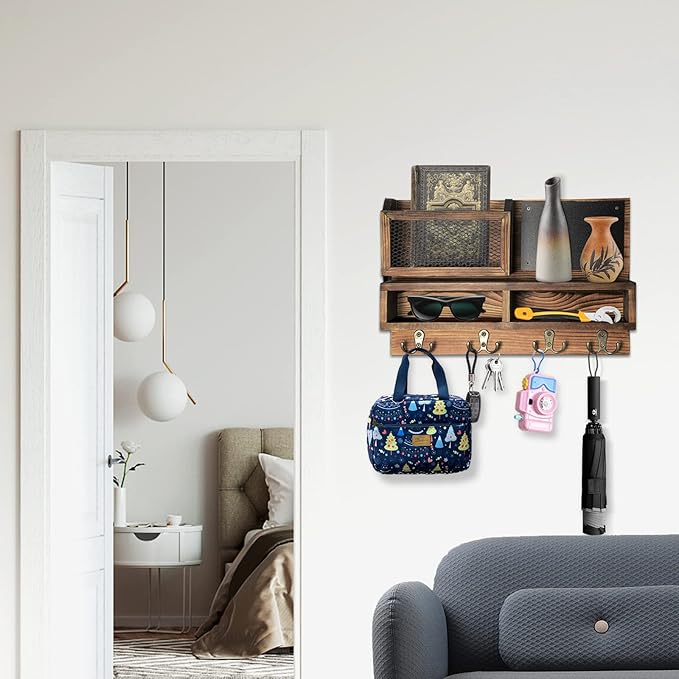 Key Holder for Wall, Mail Organizer Wall Mount with Key Hooks and Wallet Holder, Sunglasses Storage and Dog Leash Hanger, Decorative with 4 Double Hooks and Chalkboard-Ruum Studio Home