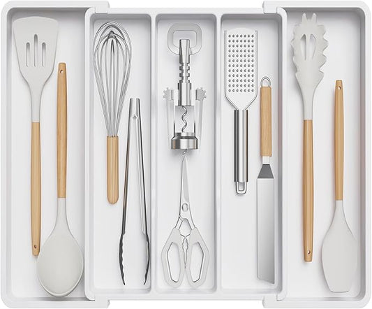 Lifewit Utensil Organizer for Kitchen Drawers, Expandable from 13‘’ to 22.4'', 15'' Depth, Plastic Cutlery Silverware Flatware Holder, Spatula Tools and Gadgets Storage, Large, White-Ruum Studio Home