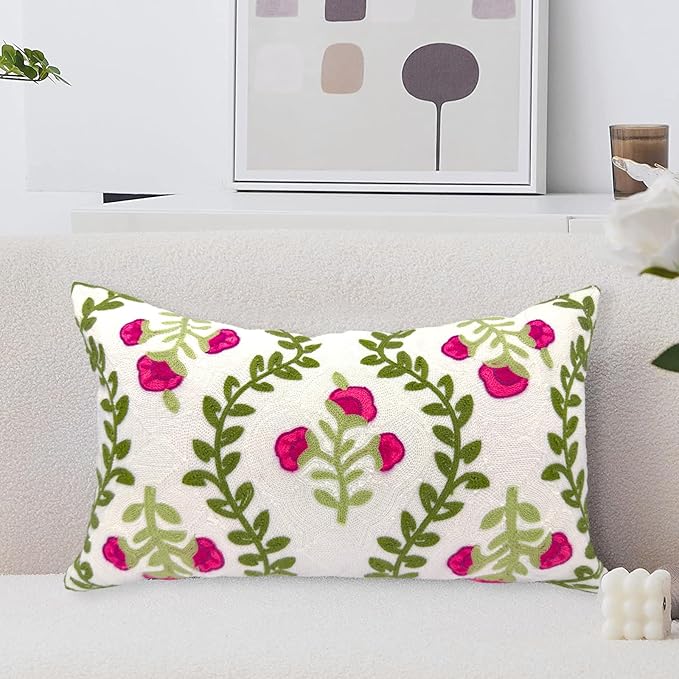Alysheer Flower Embroidered Summer Decorative Lumbar Throw Pillow Cover 12"x 20", Farmhouse Cottage Hot Pink Floral Green Leaves Patterned Cotton Canvas Cushion Case for Sofa Couch Bed Living Room-Ruum Studio Home
