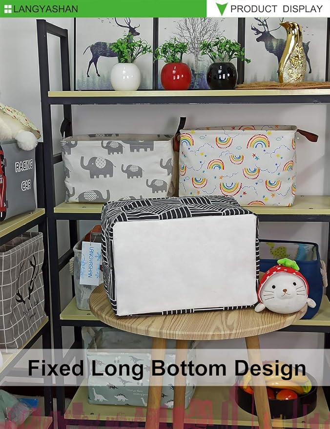 LANGYASHAN Rectangular Storage Bin Collapse Canvas Fabric Cartoon Storage Basket with Handles for Organizing Home Kitchen Boys and Girls Toys Office Closet Shelf Baskets (Black Diamond)-Ruum Studio Home