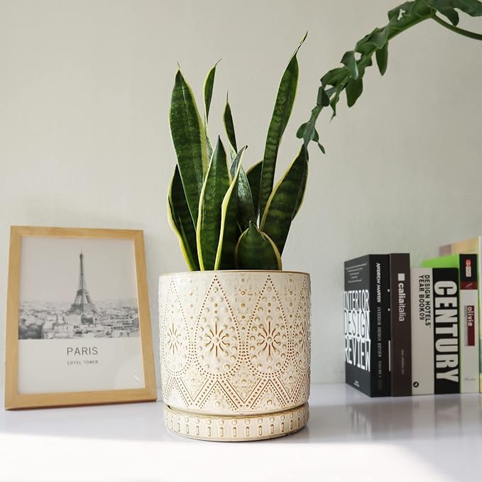 8 Inch Indoor Plant Pot with Drainage Holes and Saucers, Ceramic Planter for Plants, Succulent Orchid Flower Pots-Ruum Studio Home