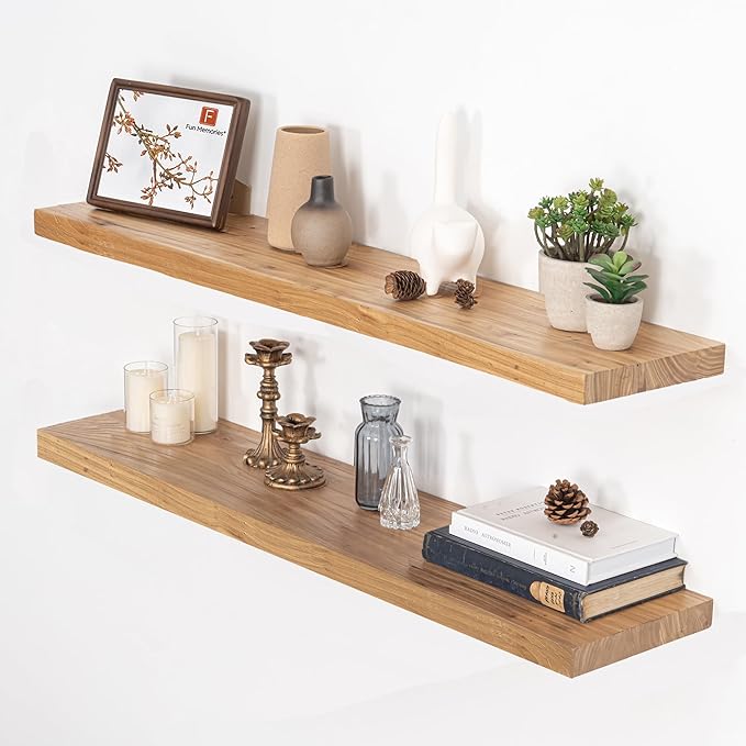 Floating Shelves for Wall, 40"W x 9.3"D x 1.5"H Rustic Solid Elm Wood Wall Shelves, Set of 2 with Invisible Heavy-Duty Metal Bracket, Deep Floating Shelf for Living Room Kitchen, Natural Finish-Ruum Studio Home
