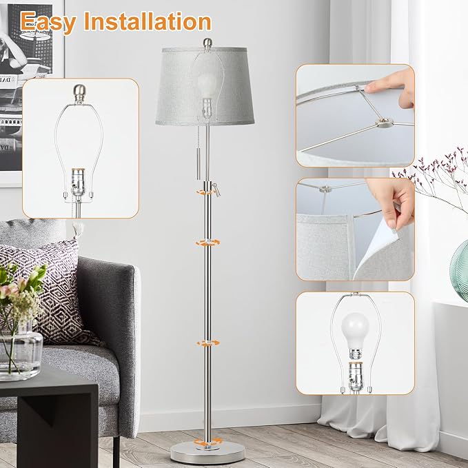Floor Lamp for Living Room,Adjustable Height Standing Lamp,Dimmable Modern Floor Lamps for Bedroom Office Tall Floor Lights with Pull Chain Bulb Included-Silver Gray Shade-Ruum Studio Home