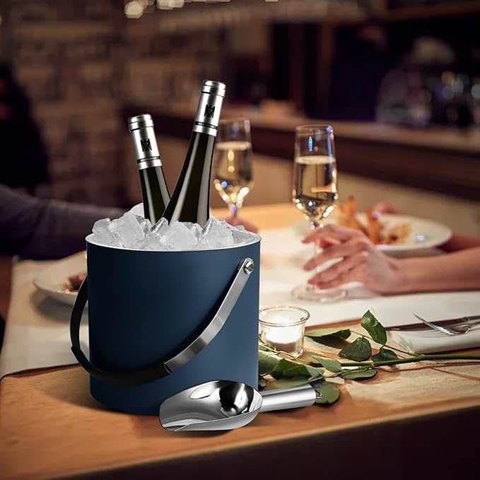 3L Ice Bucket with Silicone Lid, Scoop, Tongs & Strainer, Stainless Steel Double Wall Insulated Ice Buckets for Parties & Cocktail Bar, Outdoor Champagne Ice Container Bin, Navy-Ruum Studio Home