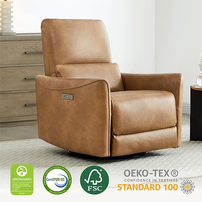 CHITA Power Recliner Chair Swivel Glider, FSC Certified Upholstered Faux Leather Living Room Nursery Reclining Sofa Chair with Lumbar Support, Cognac Brown-Ruum Studio Home