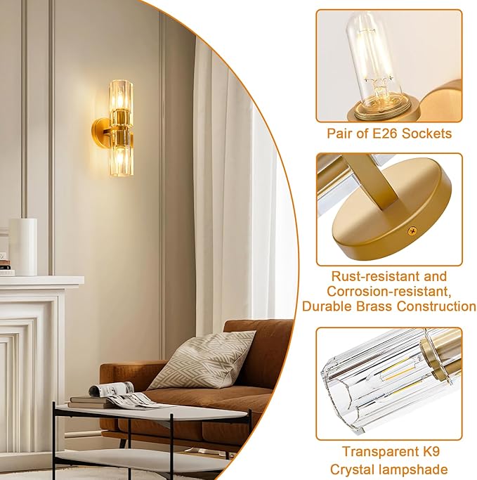 Gold Crystal Wall Sconces Set of Two, Wall Sconce Set of 2, Brass Sconces Wall Lighting with K9 Crystal Lampshade, Wall Lights for Bedroom Living Room Bathroom Hallway-Ruum Studio Home