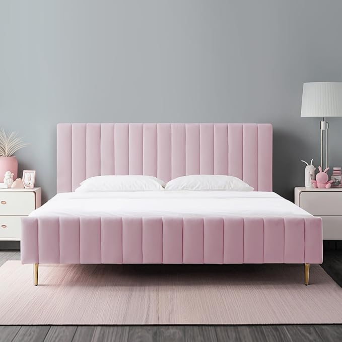 Livinia King Size Elton Velvet Platform Bed, Upholstered Bed Frame with Vertical Channel Tufted Headboard Footboard, Strong Wood Slats, No Box Spring Needed, Pink (King)-Ruum Studio Home