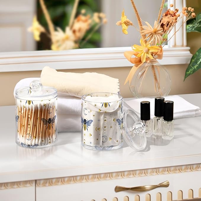 2 Pack Qtip Holder Organizer Dispenser Bee Boho Honeybee Insect Bathroom Storage Canister Cotton Ball Holder Container for Cotton Pads/Swabs/Floss-Ruum Studio Home