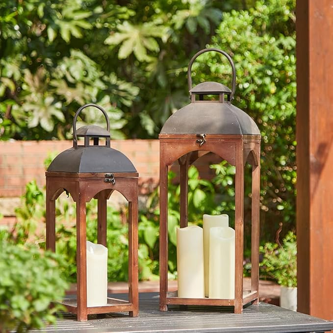 Glitzhome Set of 2 Mondern Farmhouse Wooden Lantern Hanging Decorative Candle Lanterns for Outdoor & Indoor Brown (No Glass)-Ruum Studio Home