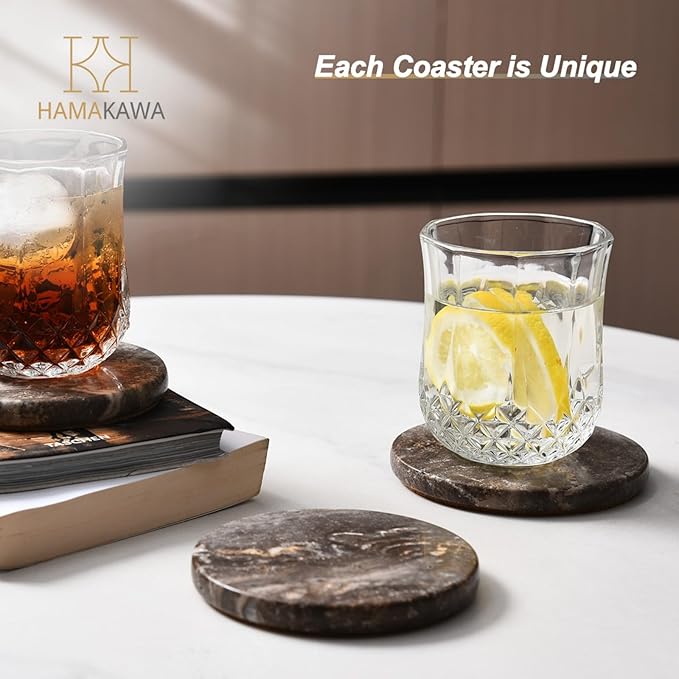 Marble Coasters Set of 4, Natural Gray Stone 4 Inch/10 cm, Modern Round Travertine Drink Coasters for Home Decor, Coffee Table, Office-Ruum Studio Home