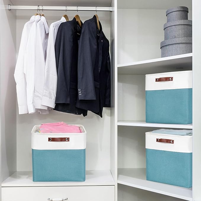13x13 Cube Storage Bins, Collapsible Fabric Storage Box, 4 Pack Closet Baskets with Handles for Organizing, Shelf, Toys, Clothes, Home, Office, Nursery (Teal&White)-Ruum Studio Home