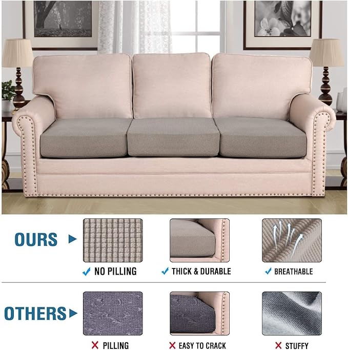 H.VERSAILTEX Super Stretch Individual Seat Cushion Covers - Sofa & Couch Cushion Slipcover Sets - Thick Jacquard Textured Twill Fabric (3 Piece XL Sofa Cushion Covers, Taupe)-Ruum Studio Home